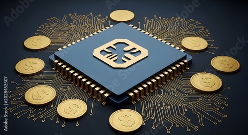 Digital Finance Technology Concept Featuring a Blue Processor Chip and Golden Money Coins on a Futuristic Circuit Board