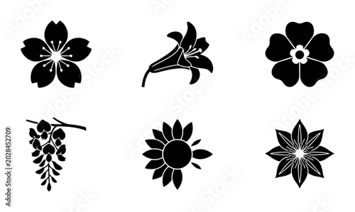 Black Flower Icons Set, Botanical Vector Silhouettes, Floral Decorative Elements
