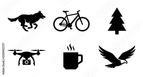 Outdoor Adventure Icons: Wolf, Bicycle, Tree, Drone, Coffee, Eagle Vector Set