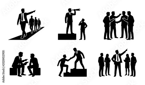 Teamwork and Leadership Icons: Business Collaboration, Strategy, Success, Mentorship, Group Dynamics