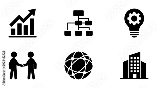 Business Icons Set: Growth Chart, Organization, Idea Bulb, Handshake, Globe, Building