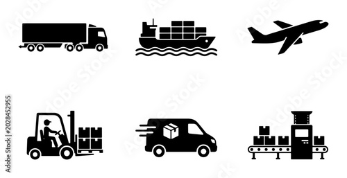Logistics Icons: Truck, Ship, Plane, Forklift, Van, Conveyor Belt, Delivery Services