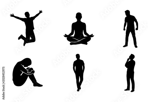 Diverse Human Silhouettes, Emotions, Poses, and Actions, Set of 6 Icons