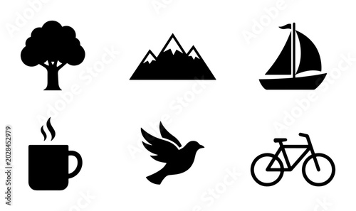 Nature and Lifestyle Icons: Tree, Mountains, Sailboat, Coffee, Bird, Bicycle, Vector Set