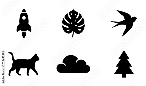 Set of 6 Black Silhouette Icons: Rocket, Monstera Leaf, Bird, Cat, Cloud, Tree