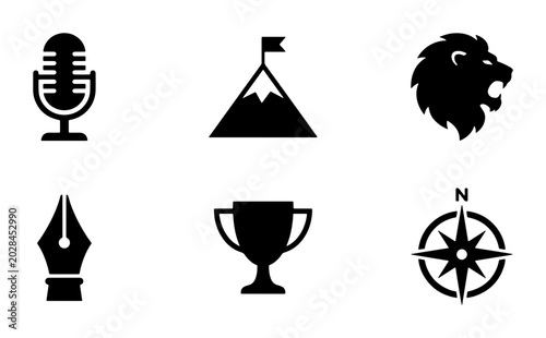 Achievement Icons: Microphone, Mountain Peak, Lion Head, Fountain Pen, Trophy, Compass