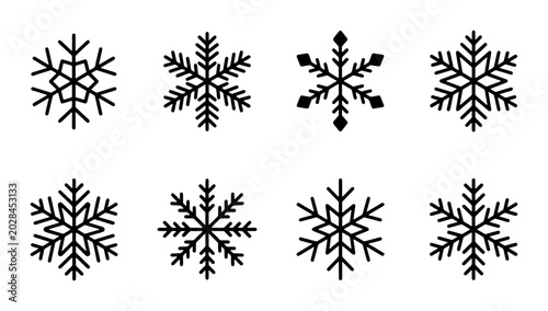 Eight Black Snowflake Icons, Winter Design Elements, Cold Weather Symbols, Festive Holiday Graphics