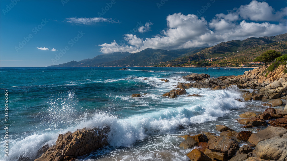 Fototapeta premium Ocean waves crashing against rocky shoreline under a bright blue sky with fluffy white clouds above