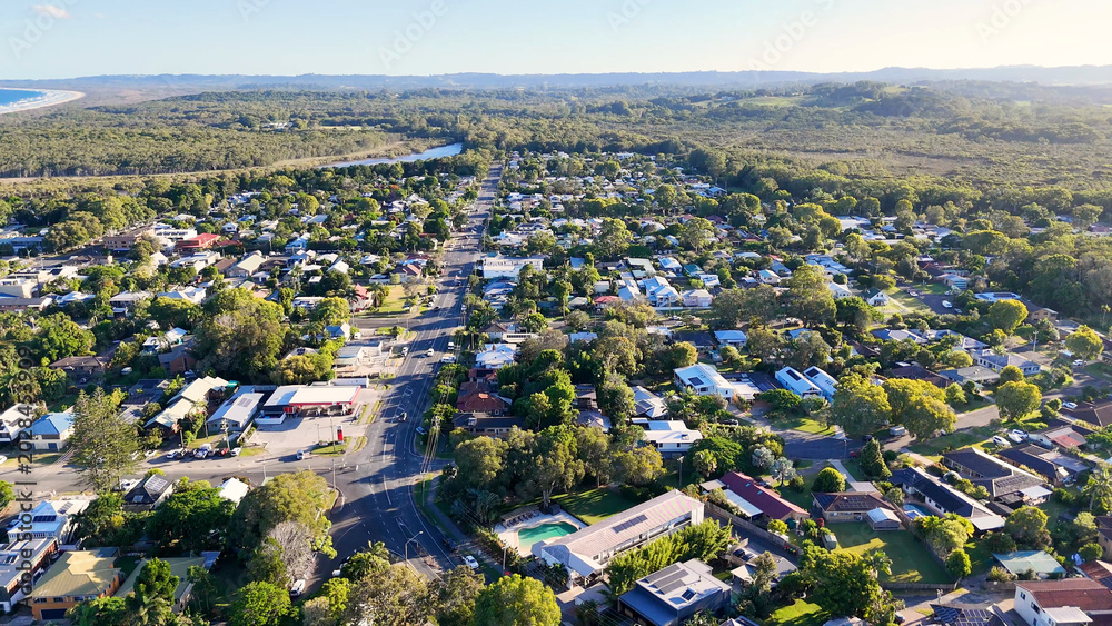 Fototapeta premium Aerial View of Brunswick Heads Coastal Town and Residential Neighborhood