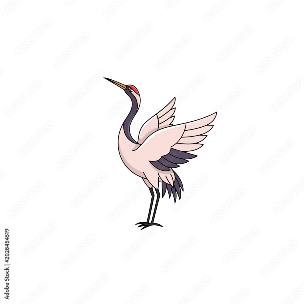 Fototapeta premium Elegant Red Crowned Crane Standing Gracefully with Wings Partially Open.
