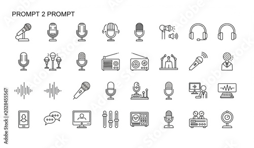 Foto Podcast equipment and audio recording icons set linear style