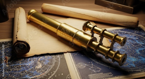 Vintage brass telescope lies atop intricate celestial star maps and worn parchment scrolls on a rustic wooden desk under dim golden light, stars, astronomy, lens