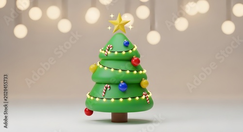 Festive 3D Christmas Tree Ornament with Sparkling Gold Star and Glowing Fairy Lights for Holiday Season Celebration Decor