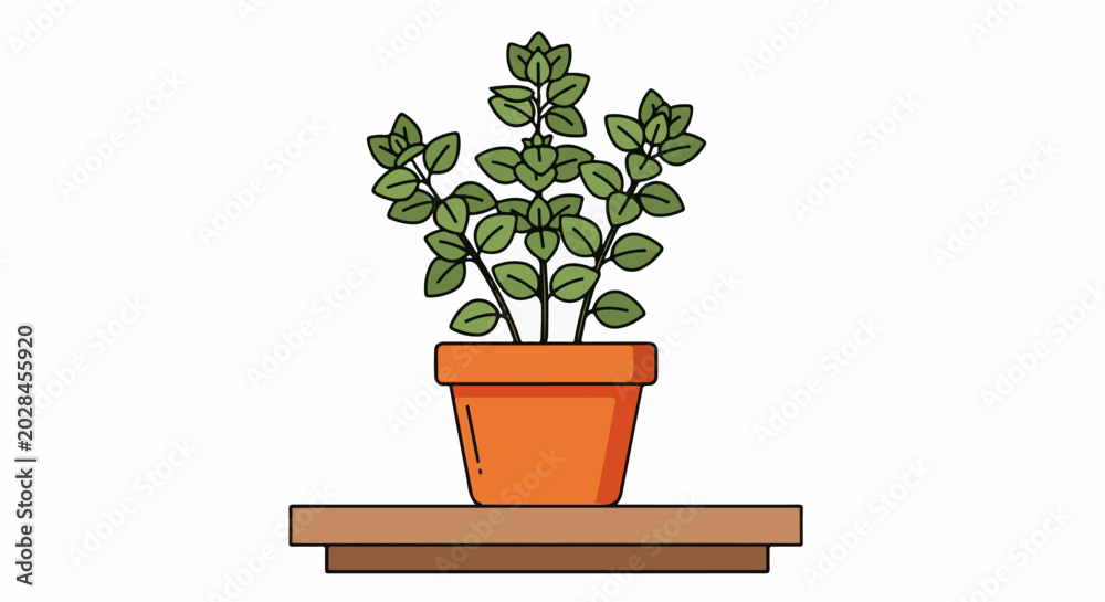 Fototapeta premium A green plant with multiple stems and leaves in an orange pot on a shelf