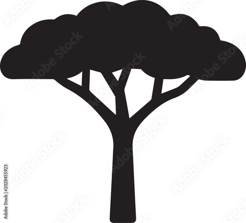 Fotografija A stylized silhouette of a savanna tree with a broad, flat-topped canopy and sturdy branches against a solid background, representing nature and growth
