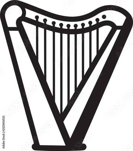 Quadro su tela A classic harp, an elegant string instrument, is depicted in a simple, bold black silhouette, showcasing its iconic triangular frame and delicate strings