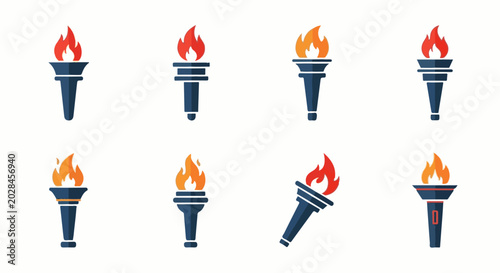 Collection of eight diverse stylized torch icons with fiery flames