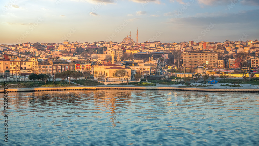Obraz premium Sunset panorama view with the Bosphorus Great Mosques Harbour and another famous landmarks in the European and Asian parts of Istanbul Turkey
