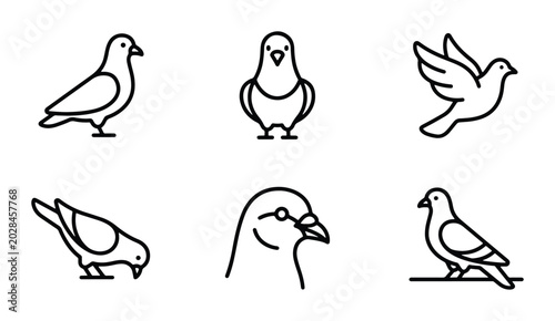 Minimalist Pigeon Icons, Simple Bird Vector Graphics, Clean Line Art Avian Symbols