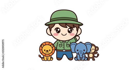 Vászonkép Cartoon boy with safari hat animals.