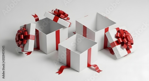 Three Open White Gift Boxes with Festive Red Ribbons and Bows Arranged on a Clean Minimalist Light Background for Holiday Celebration