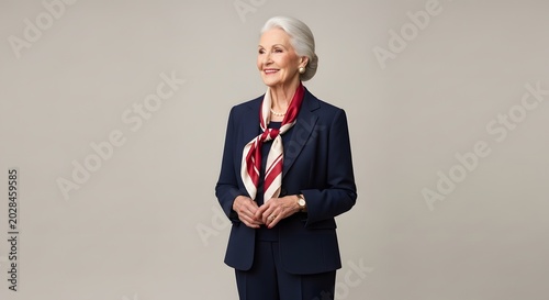 Elegant Senior Businesswoman Standing Confidently in a Professional Navy Blue Suit with a Stylish Scarf Against a Neutral Studio Background