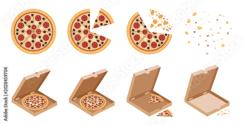 Photos Pepperoni pizza set showing whole pizza slice removal disintegration and empty c