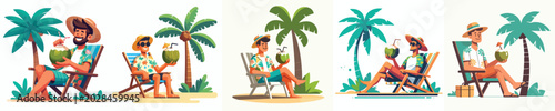 vector of a man sitting relaxed on a beach chair drinking coconut