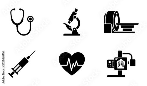 Medical Icons Set: Stethoscope, Microscope, MRI, Syringe, Heartbeat, X-ray Machine, Healthcare Graphics