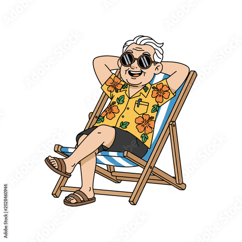 Vászonkép Happy senior man relaxing in beach chair vector illustration with relaxing vacat