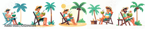 Foto vector of a man sitting relaxed on a beach chair drinking coconut