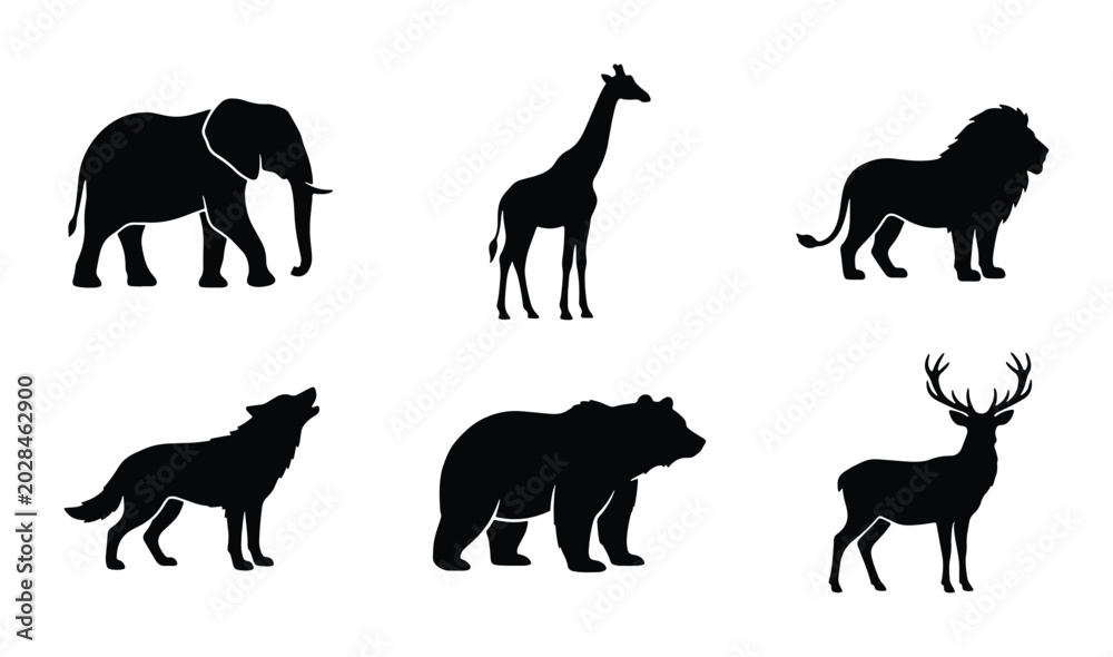 Fototapeta premium African Wildlife Silhouette Icons: Elephant, Giraffe, Lion, Wolf, Bear, Deer Vector Set