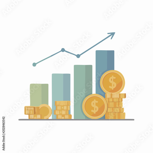 Increasing financial growth chart with money coins and dollar sign