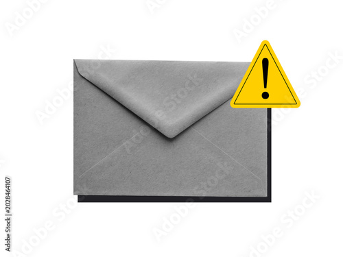Paper envelope with a triangular attention sign with an exclamation mark. Warning sing on a letter - spam concept. Modern collage style. Illustration on a transparent background