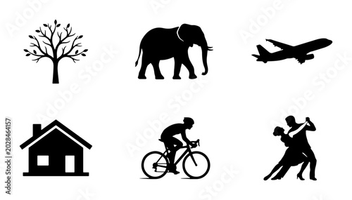 Silhouette Icons: Tree, Elephant, Airplane, House, Cyclist, Dancers, Graphic Elements