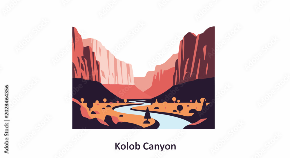 Obraz premium Stylized desert canyon with river and sparse trees under a white sky