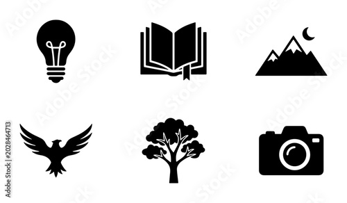 Black Silhouette Icons: Lightbulb, Open Book, Mountains, Eagle, Tree, Camera, Vector Set