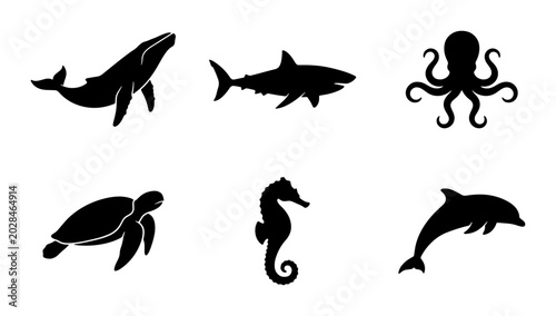 Oceanic Wildlife Silhouettes: Whale, Shark, Octopus, Turtle, Seahorse, Dolphin Icons