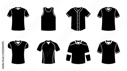 Black T-Shirt Vector Icons, Sportswear Silhouettes, Casual Apparel Collection, Clothing Templates