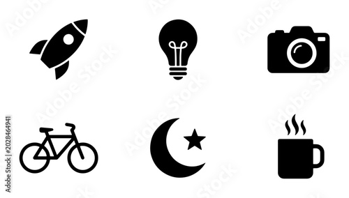 Rocket, Lightbulb, Camera, Bicycle, Moon, Coffee Icons: Modern Vector Symbols for Innovation and Lifestyle