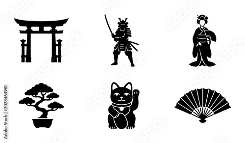 Japanese Icons Set: Torii Gate, Samurai, Geisha, Bonsai, Lucky Cat, Fan Vector Graphics