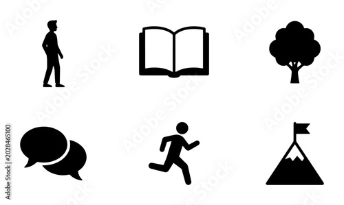 Simple Silhouette Icons: Person, Book, Tree, Chat, Runner, Mountain Peak, Vector Set