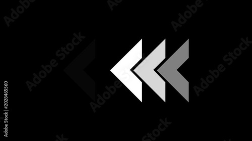 Fast forward white symbols icon symbol animation on black background. Fast forward sign moving right to left a arrow icon.4k animation.