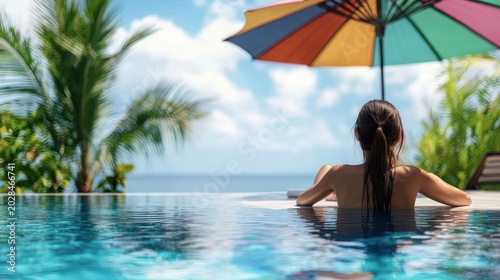 Woman pool ocean view