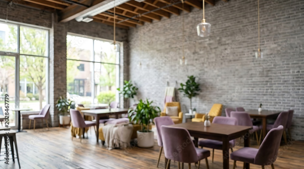 Fototapeta premium Modern Loft Cafe Interior with Muted Purple Chairs and Cozy Industrial Design