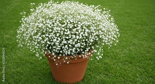 Terracotta planter filled with white flowers on a manicured green grass field.