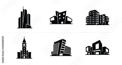 Modern Cityscape Building Icons, Urban Architecture Silhouettes, Commercial Property Vector Graphics