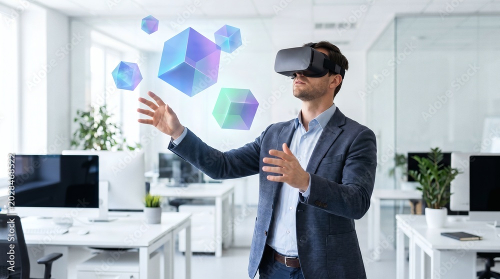 Fototapeta premium A businessman in a suit wearing a VR headset interacts with holographic cubes in a modern office setting.