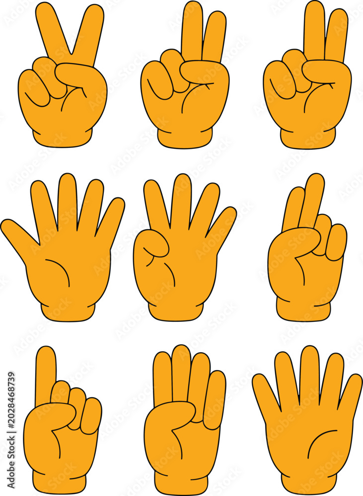 Fototapeta premium Vibrant set of orange cartoon hand icons showing various counting gestures in bright light on a white background.