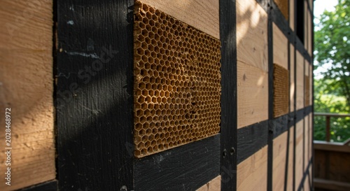 Traditional timber framed wall with integrated honeycomb insulation panels in bright sunlight.